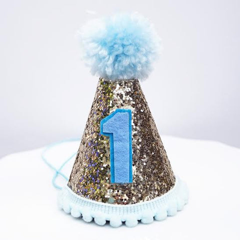 Gold Glitter Sparkles Blue 1st Birthday Boy Cone Party Hat Toddler Birthday Pom Pom- Le Petit Pain
