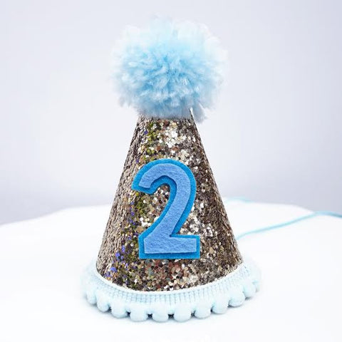 Gold Glitter Sparkles Blue 2nd Birthday Boy Cone Party Hat Toddler Birthday Pom Pom- Le Petit Pain