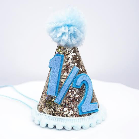 Gold Glitter Sparkles Blue 1/2 Birthday Boy Cone Party Hat Toddler Birthday 6 month Pom Pom- Le Petit Pain