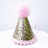 Gold Glitter Sparkles Pink 1st Birthday Girl Cone Hat Party Toddler 1 Birthday Pom Poms- Le Petit Pain