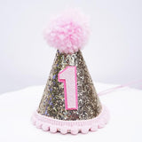 Gold Glitter Sparkles Pink 1st Birthday Girl Cone Hat Party Toddler 1 Birthday Pom Poms- Le Petit Pain