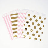 Gold and Pink Polka Dot, Stripe, Chevron Paper Treat Favor Bags 5x7 Gift Bags - 48 count- Le Petit Pain