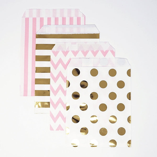 Gold and Pink Polka Dot, Stripe, Chevron Paper Treat Favor Bags 5x7 Gift Bags - 48 count- Le Petit Pain