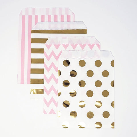 Gold and Pink Polka Dot, Stripe, Chevron Paper Treat Favor Bags 5x7 Gift Bags - 48 count- Le Petit Pain