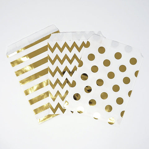 Chevron Polka Dot Stripe Gold Foil Paper Treat Favor Bags 5x7 Gift Bags - 48 count- Le Petit Pain