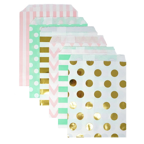 48 Pink Mint and Gold Polka Dot Chevron Stripes 5x7 Paper Treat Bags Goody Favor Bags - le petit pain