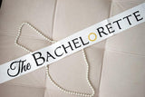 White and Gold Glitter The Bachelorette Sash with Crystal Pin Wedding Party Ribbon- Le Petit Pain