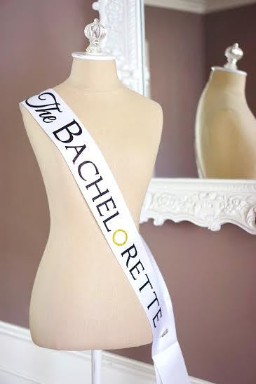 Wedding- Le Petit PainWhite and Gold Glitter The Bachelorette Sash with Crystal Pin Wedding Party Ribbon