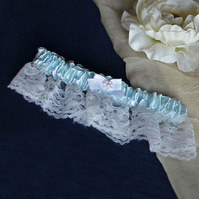 Something Blue Satin Pearls and Lace Garter Wedding Bridal Accessory- Le Petit Pain