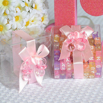6 Clear Baby Shower Favor Boxes with Pink Ribbon and Pacifier - le petit pain