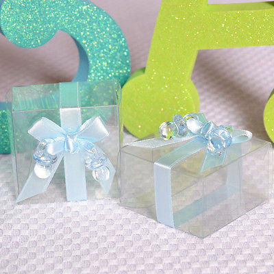 6 Clear Cute Baby Shower Favor Boxes with Blue Ribbon and Pacifier Gift Kit - le petit pain