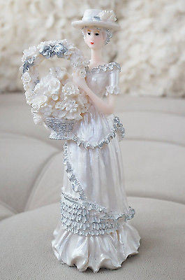 Southern Belle Bell Girl Figurine Flower Basket Silver White Home Decor- Le Petit Pain