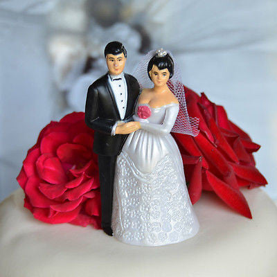 Vintage Bride and Groom Cake Topper Short Black Hair and Veil- Le Petit Pain