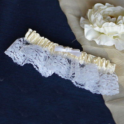 Ivory White Satin Garter with Pearls and Lace Wedding Bridal Accessories- Le Petit Pain