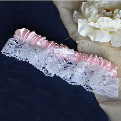 Pretty Pink Satin Garter with Pearls and Lace Wedding Bridal- Le Petit Pain
