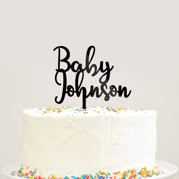 Custom Personalized Baby Last Name Baby Shower Cake Topper Modern Cursive