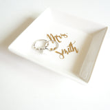 Custom Ceramic White and Gold Foil Small Jewelry Ring Holder Square Dish Personalized Mrs Name Gift- Le Petit Pain