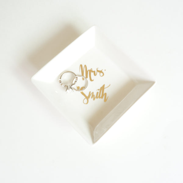 Custom Ceramic White and Gold Foil Small Jewelry Ring Holder Square Dish Personalized Mrs Name Gift- Le Petit Pain