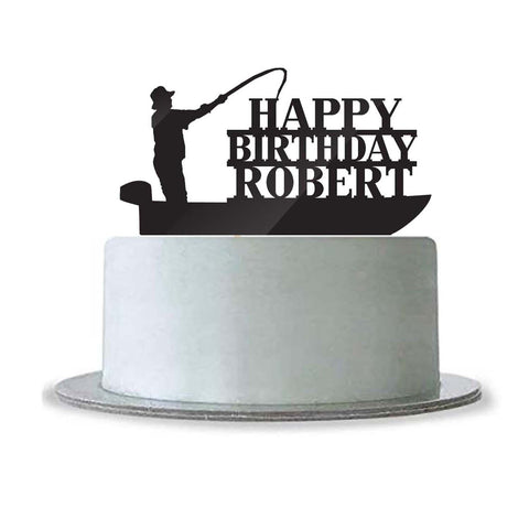 Custom Personalized Happy Birthday with Name Cake Topper Fishing Boat Fisherman