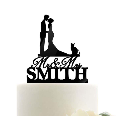 Custom Personalized Mr Mrs Name Wedding Cake Topper with Cat Mermaid Dress