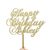Custom Personalized Name Gold Glitter Happy Birthday Wooden Cake Topper Cursive Calligraphy