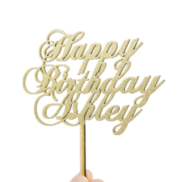 Custom Personalized Name Gold Glitter Happy Birthday Wooden Cake Topper Cursive Calligraphy