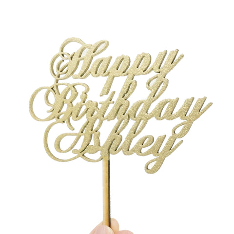 Custom Personalized Name Gold Glitter Happy Birthday Wooden Cake Topper Cursive Calligraphy