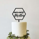 Custom Personalized Mr Mrs Calligraphy Script Name Hexagon Modern Wedding Cake Topper