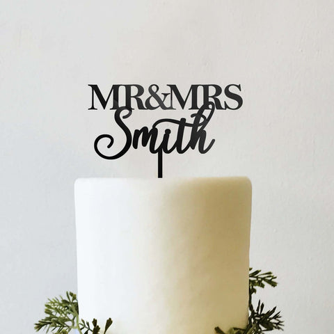 Personalized Mr and Mrs bride and groom Wedding Cake Topper Traditional Block Font and Script Cursive