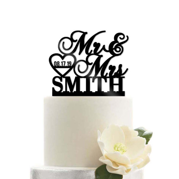 Custom Personalized Mr and Mrs Name Date Heart Modern Wedding Cake Topper