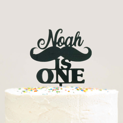 Custom Personalized Name Baby Boy First 1st Birthday Mustache Cake Topper Black Acrylic