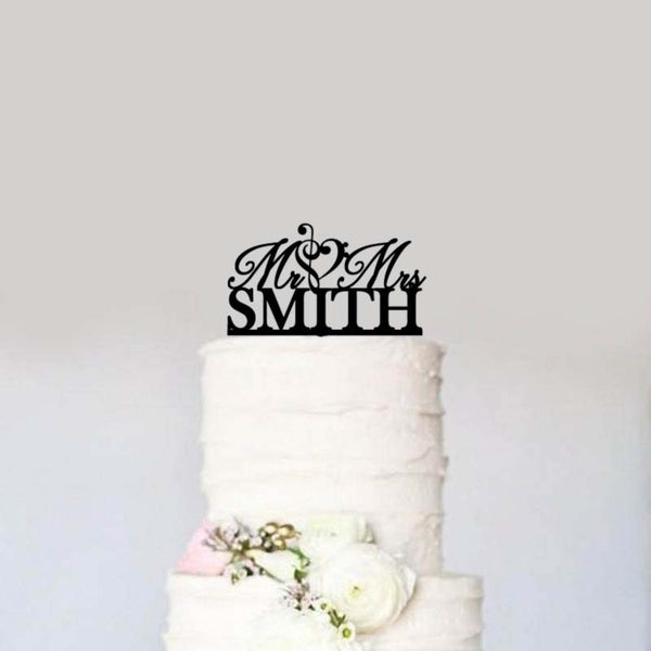 Custom Mr Mrs Name Black Treble Bass Clef Heart Wedding Cake Topper