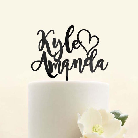 Custom Personalized First Names Heart Wedding Cake Topper Modern Script Cursive Font