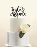 Custom Personalized First Names Heart Wedding Cake Topper Modern Script Cursive Font