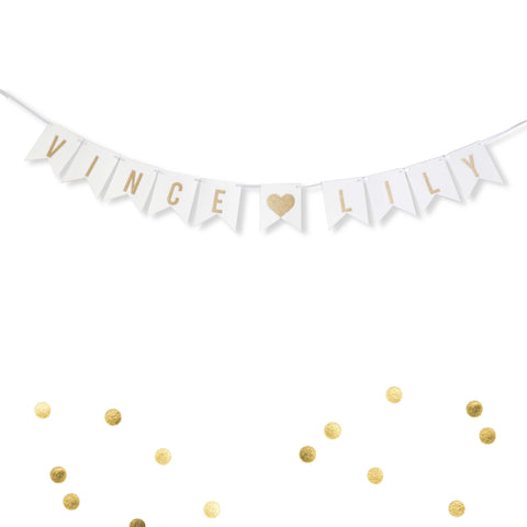 Custom Personalized White and Gold Glitter Bride and Groom Names Wedding Flag Banner, Engagement Photo Prop, Save the Date Thank You White Paper Garland Decoration- Le Petit Pain
