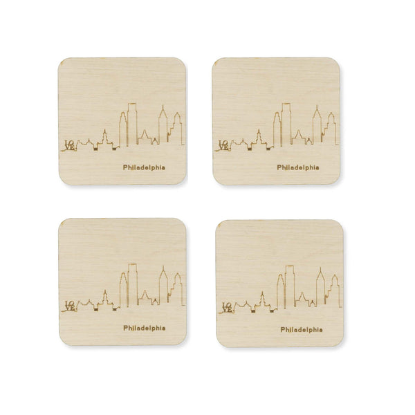 Custom Wood City Coasters Philadelphia Set of 4 Artisan Designed Laser Cut- Le Petit Pain