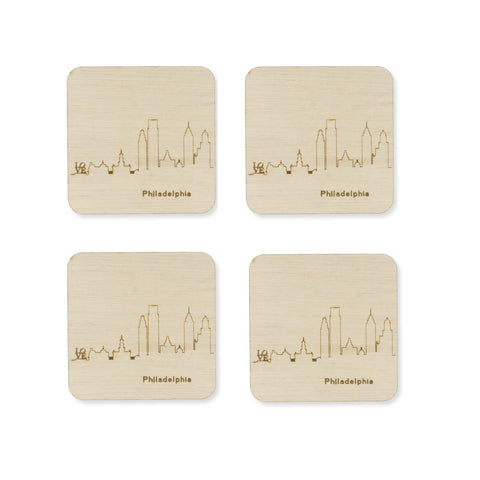 Custom Wood City Coasters Philadelphia Set of 4 Artisan Designed Laser Cut- Le Petit Pain