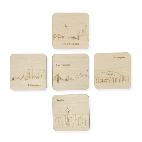 Custom Wood City Coasters Seattle San Francisco Los Angeles Philadelphia New York Set of 4 Artisan Designed Laser Cut - Mix and Match- Le Petit Pain