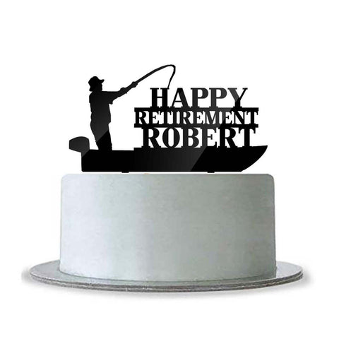 Custom Personalized Happy Retirement with Name Cake Topper Fishing Boat Fisherman