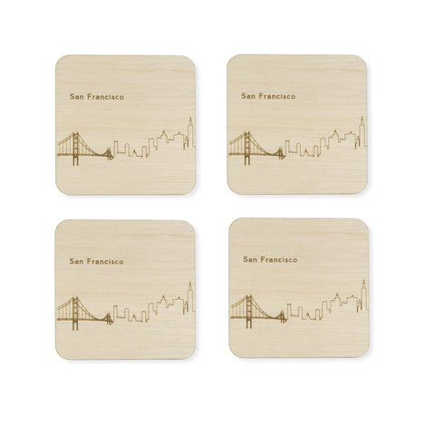 Custom Wood City Coasters San Francisco Set of 4 Artisan Designed Laser Cut- Le Petit Pain