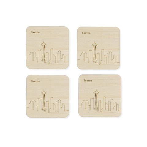 Custom Wood City Coasters Seattle Set of 4 Artisan Designed Laser Cut- Le Petit Pain