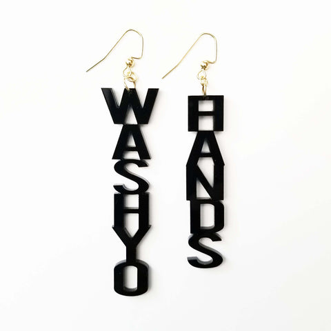 WASH YO HANDS Black Acrylic Earrings Word Block Jewelry