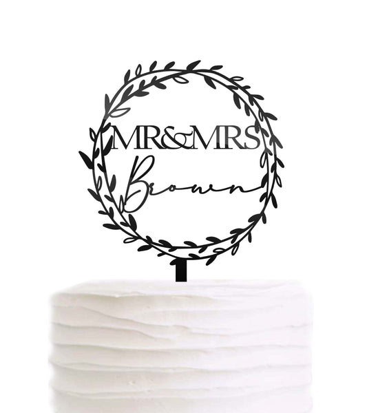 Custom Personalized Mr and Mrs Last Name Botanical Wreath Wedding Cake Topper Simple Black Acrylic